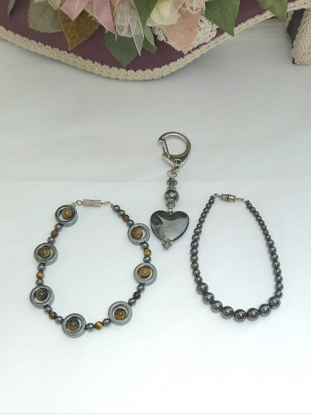 Hematite & Tigers Eye Bracelet Hematite Heart Key Chain Hematite Bracelet Lot 3